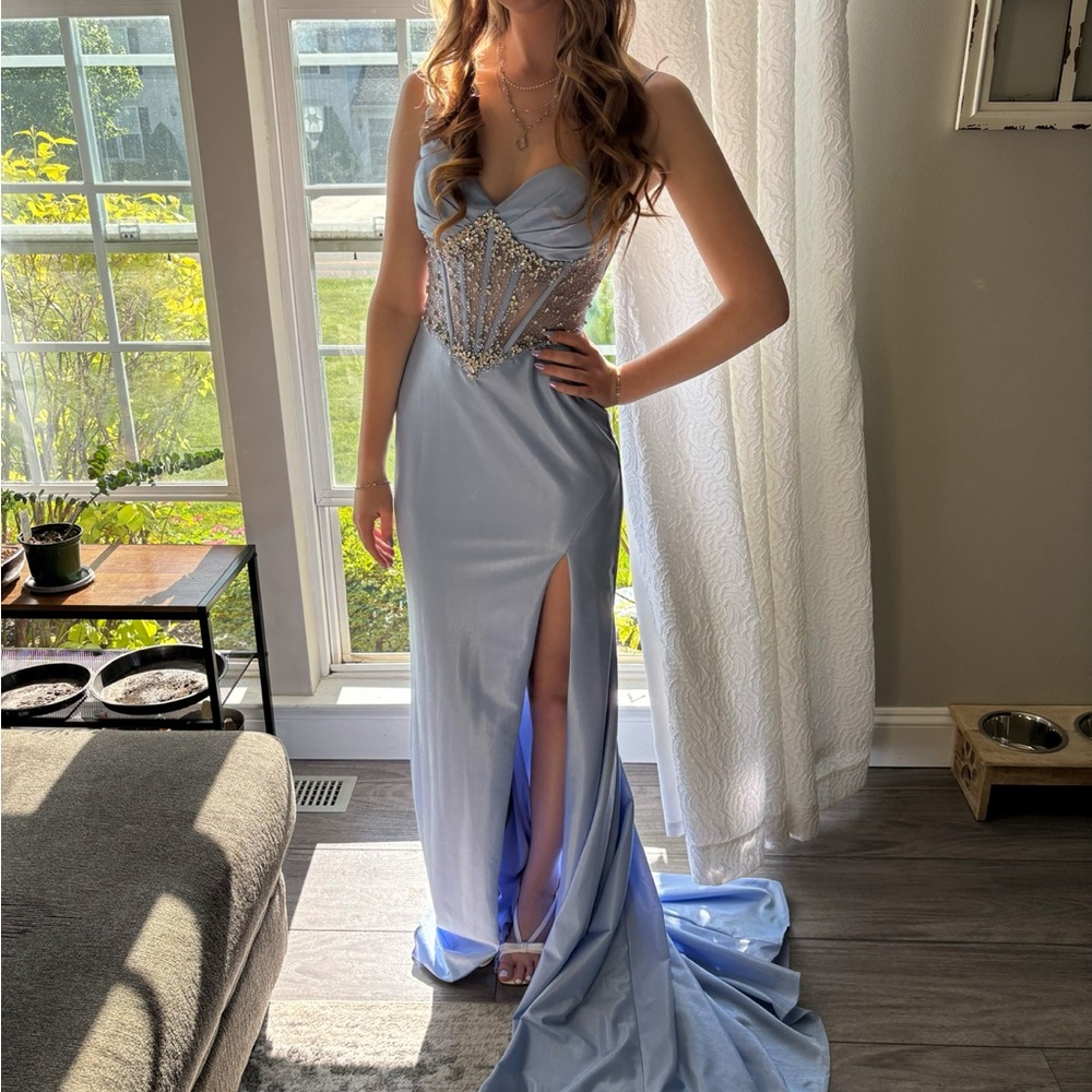 Elegant Light Blue Evening Gown with Embellished Corset